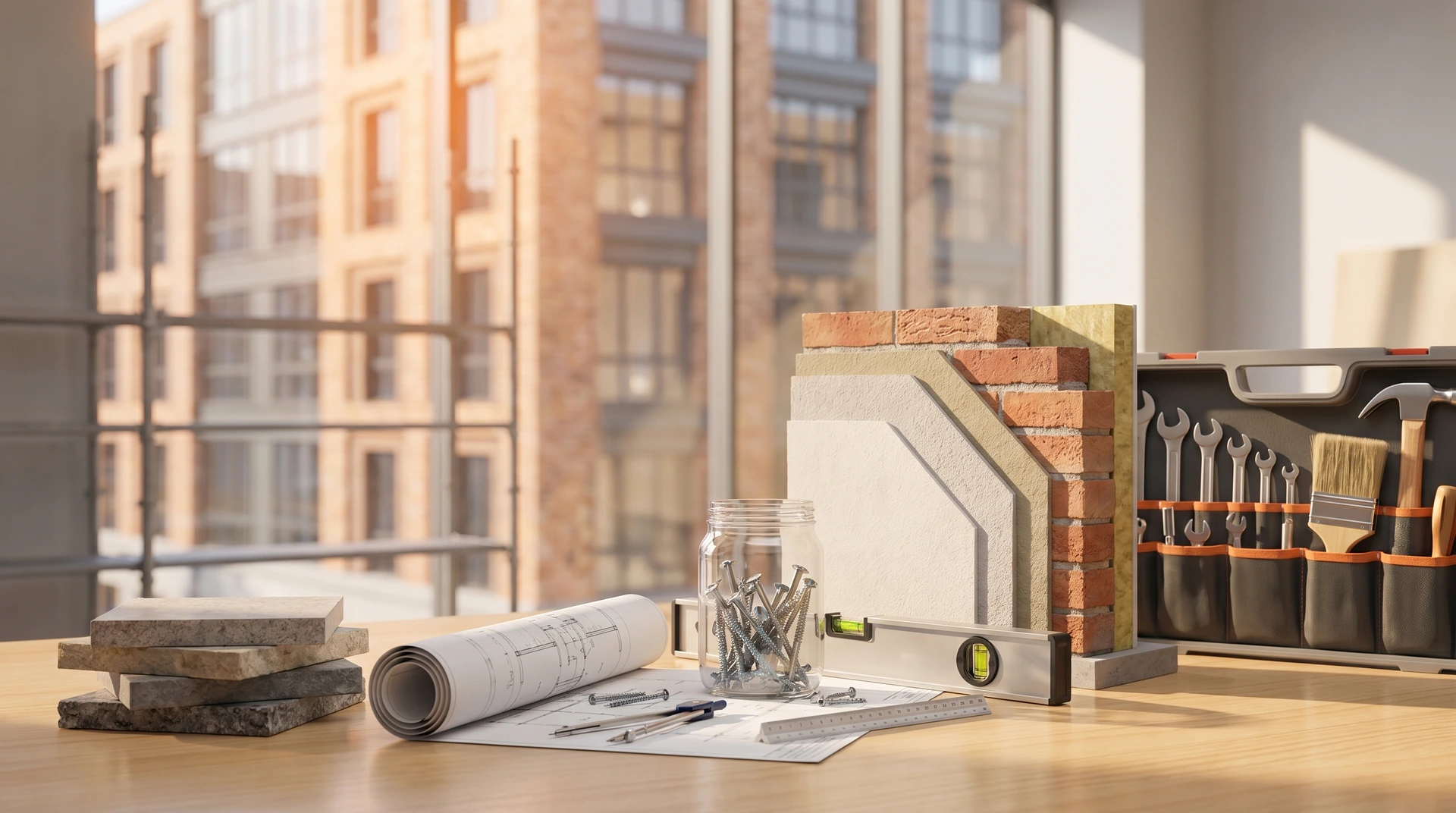 Byggmaterial, ritningar och verktyg på bord framför fönster med stadsutsikt.