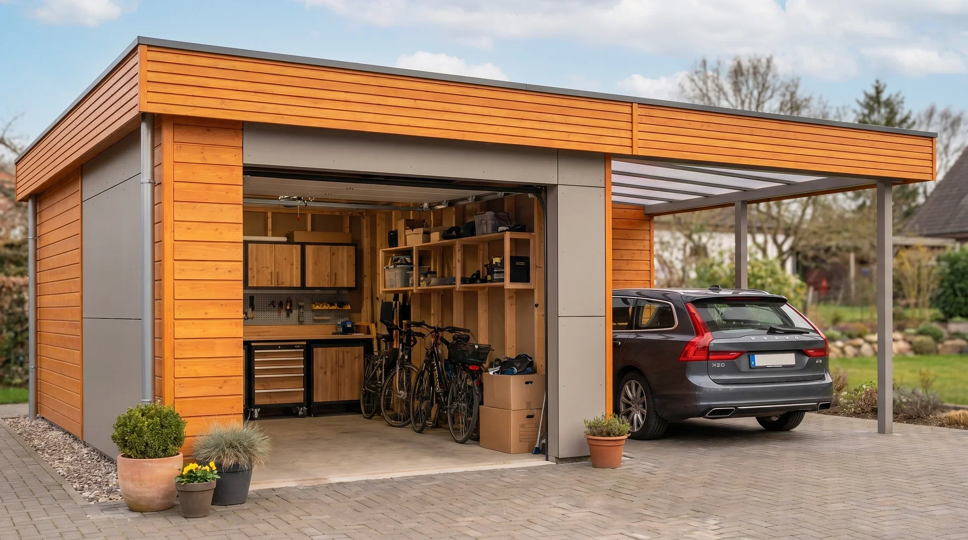 Modernt garage med öppen port, cyklar inuti och carport med bil.