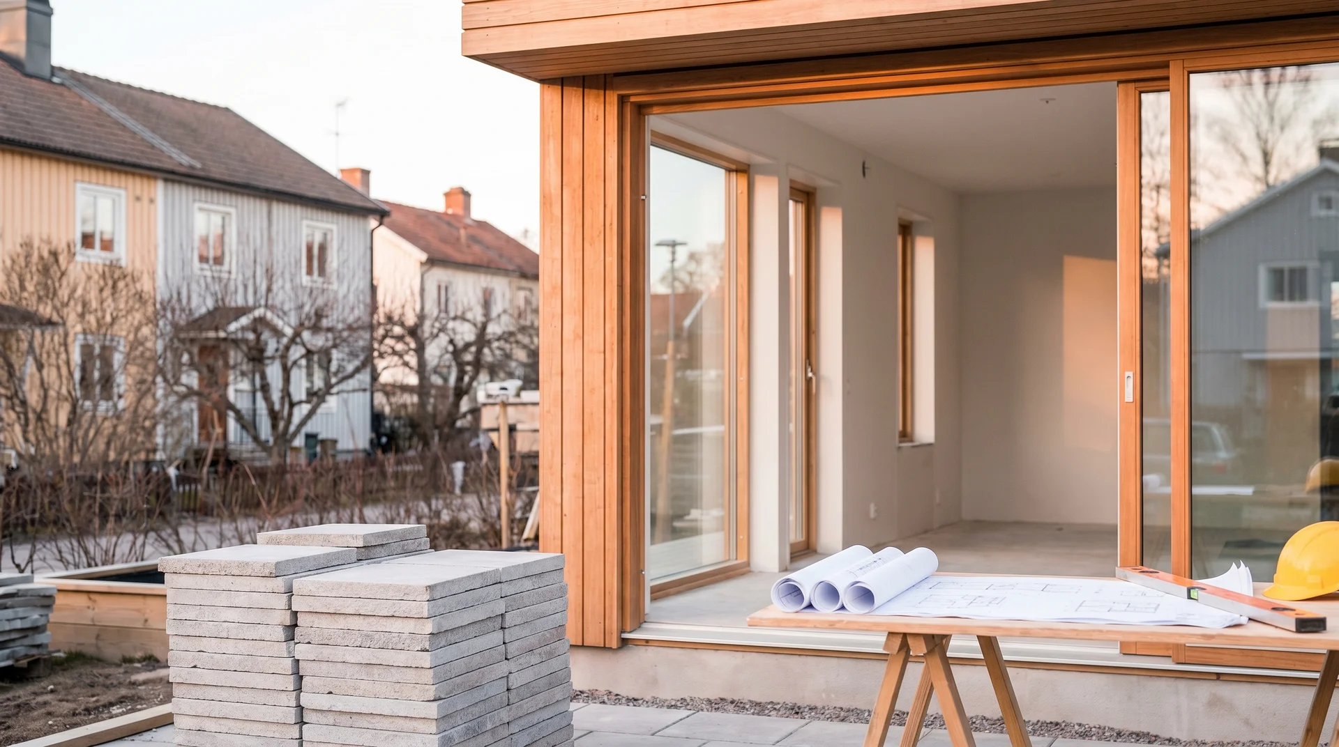 Byggarbetsplats med öppen terrassdörr, ritningar och byggnadsrivalrskap utanför modernt trähus.