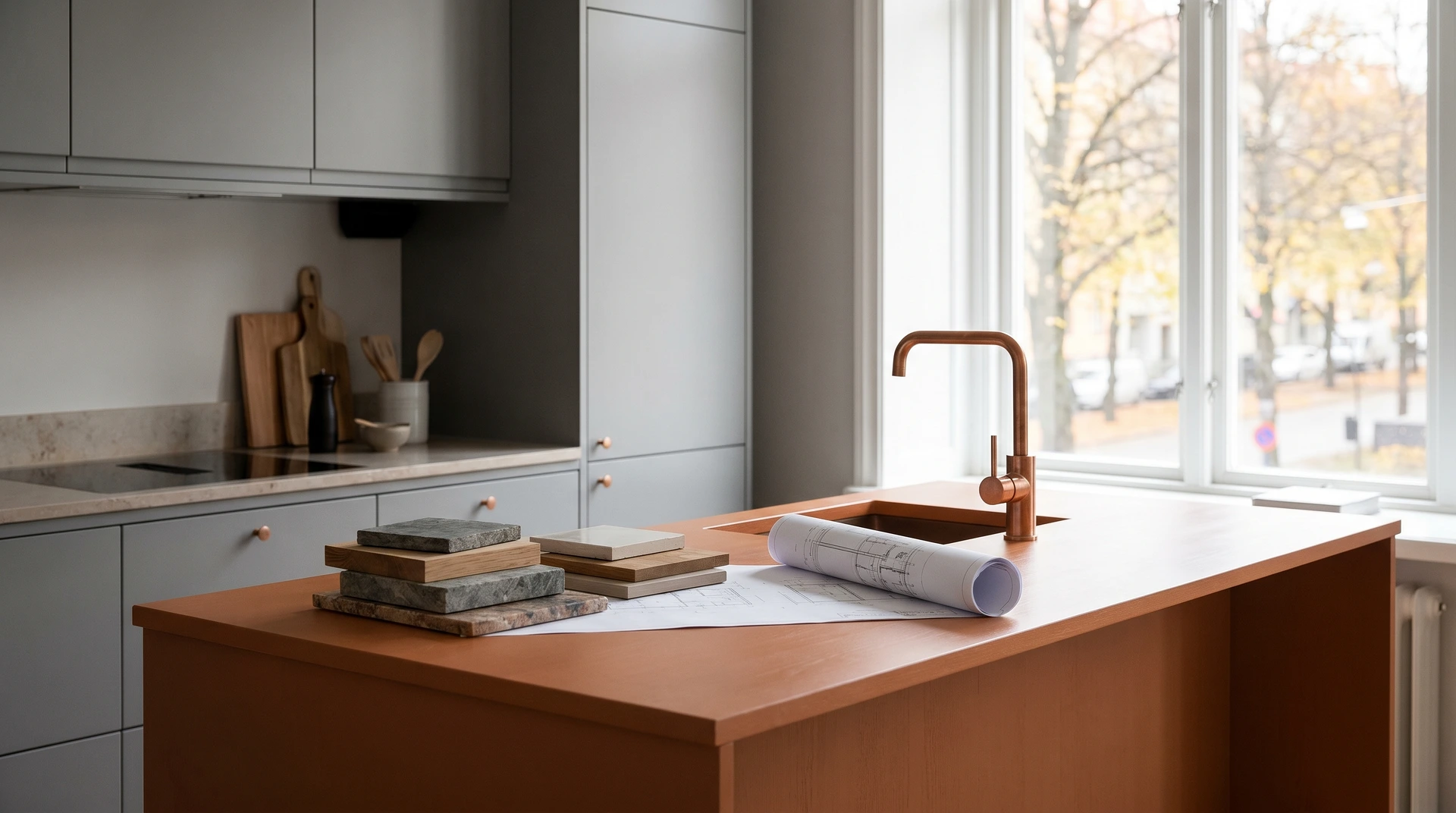 Modernt kök med kopparkran och materialprover på köksö