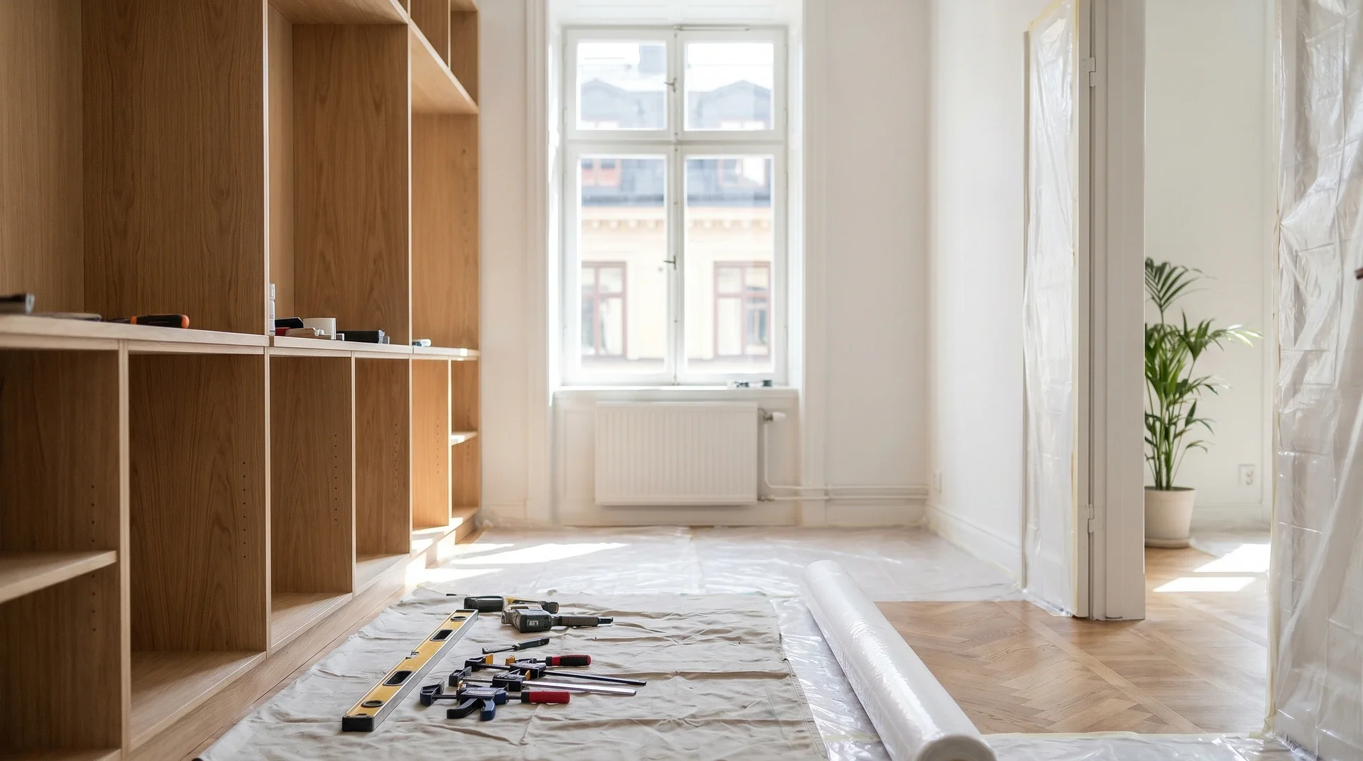 Rum under renovering med träbokhyllor, verktyg på golvet och skyddsplast.