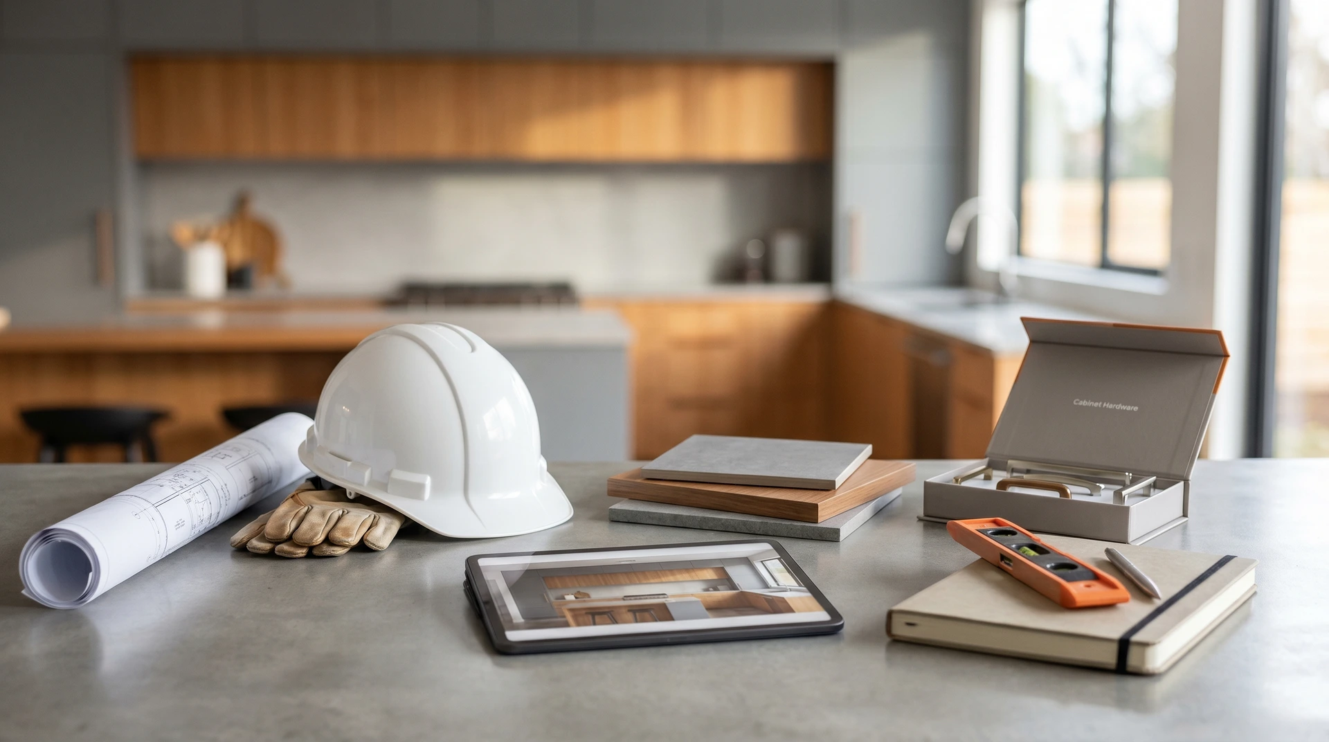 Byggritningar, skyddshjälm och materialprover på bord i modernt kök under renovering.