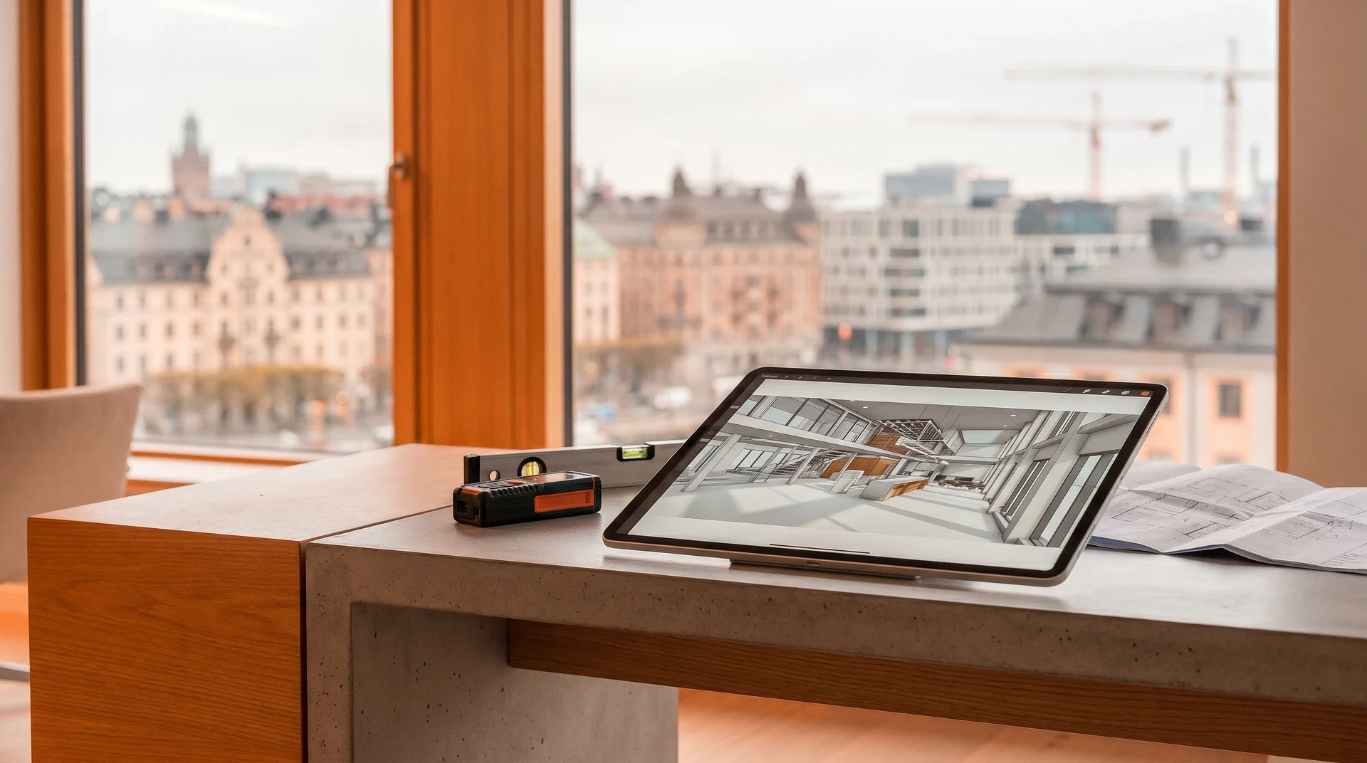 Surfplatta med arkitekturritning och vattenpass på skrivbord vid fönster med stadsutsikt.